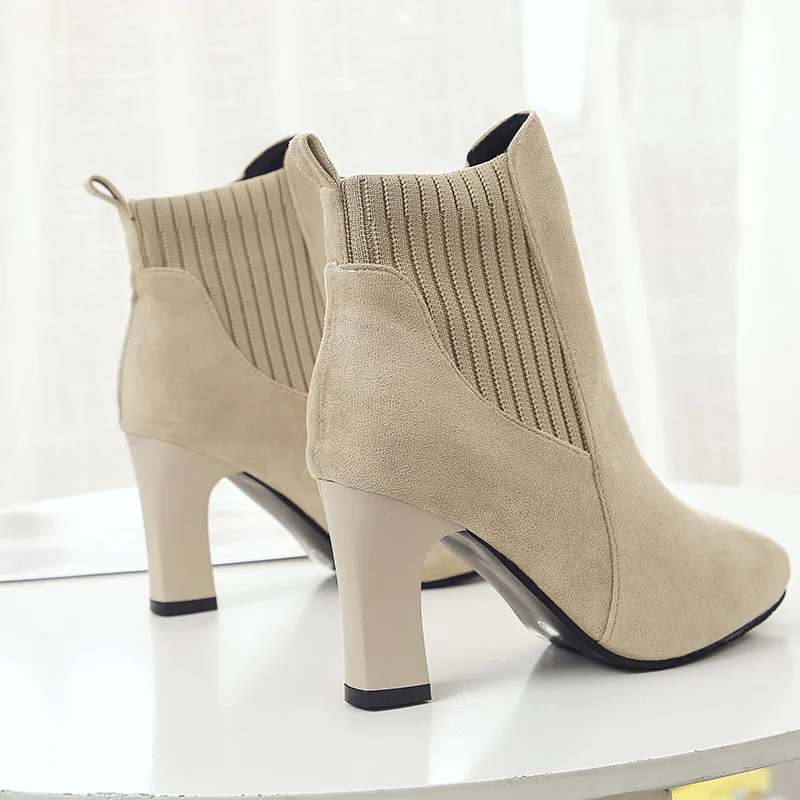 

Женские Ботинки на каблуке Comemore, трикотажные эластичные короткие ботинки, зимние ботинки, женские ботильоны без шнуровки на высоком каблуке