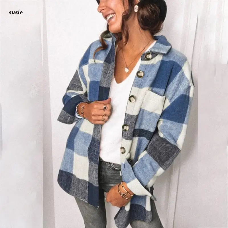 

X7YA женская рубашка на пуговицах с карманами, топы, осенняя куртка, верхняя рубашка, клетчатая рубашка