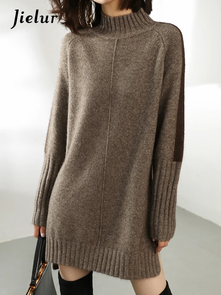 

Jielur 2022 Autumn Winter Sweater Knitted Dresses Women Fashion Turtleneck Long Sweater Dress Ladies Warm Split Sweater Dress