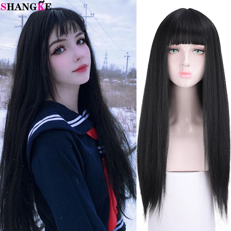 SHANGKE синтетический длинный прямой черный парик с челкой термостойкий Kawaii Лолита