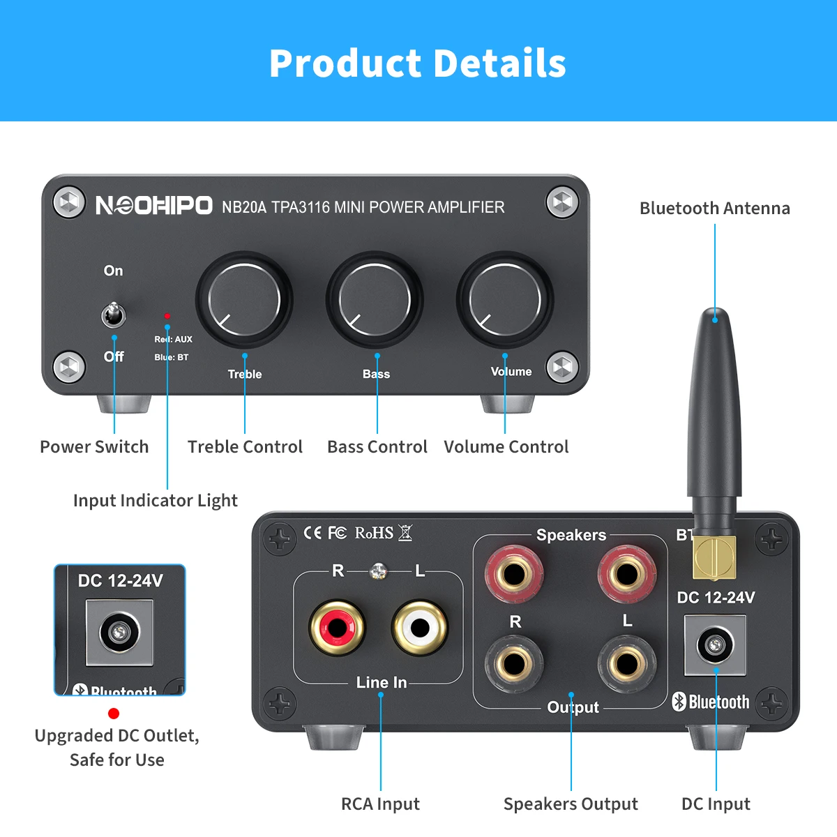NEOHIPO Bluetooth стерео аудио приемник усилитель TPA3116D2 100 Вт x2Class D мини Hi-Fi Встроенный для