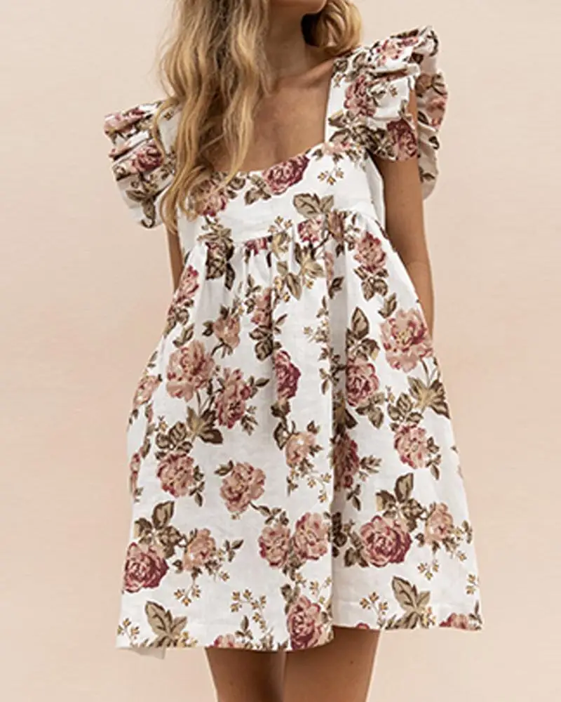 

Summer Casual Print Dress Fashion Women Sleeveless Ruffle Square Neck Short Lady Dress Sweet Chic Elegant Dresses Female 2022