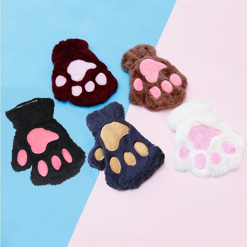 

Women Winter Warm Half Finger Gloves Cute Cartoon for CAT Paw Embroidery Anime Kitten Thicken Fuzzy Plush Fingerless Mit