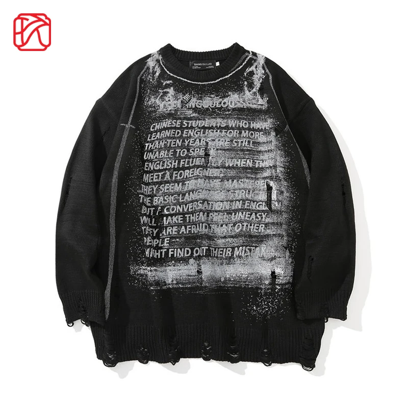 

Hip Hop Harajuku Knitted Sweater Men Print Streetwear Men Clothes Long Sleeve Pullover Man Pull Homme Loose Hole Couple Sweater