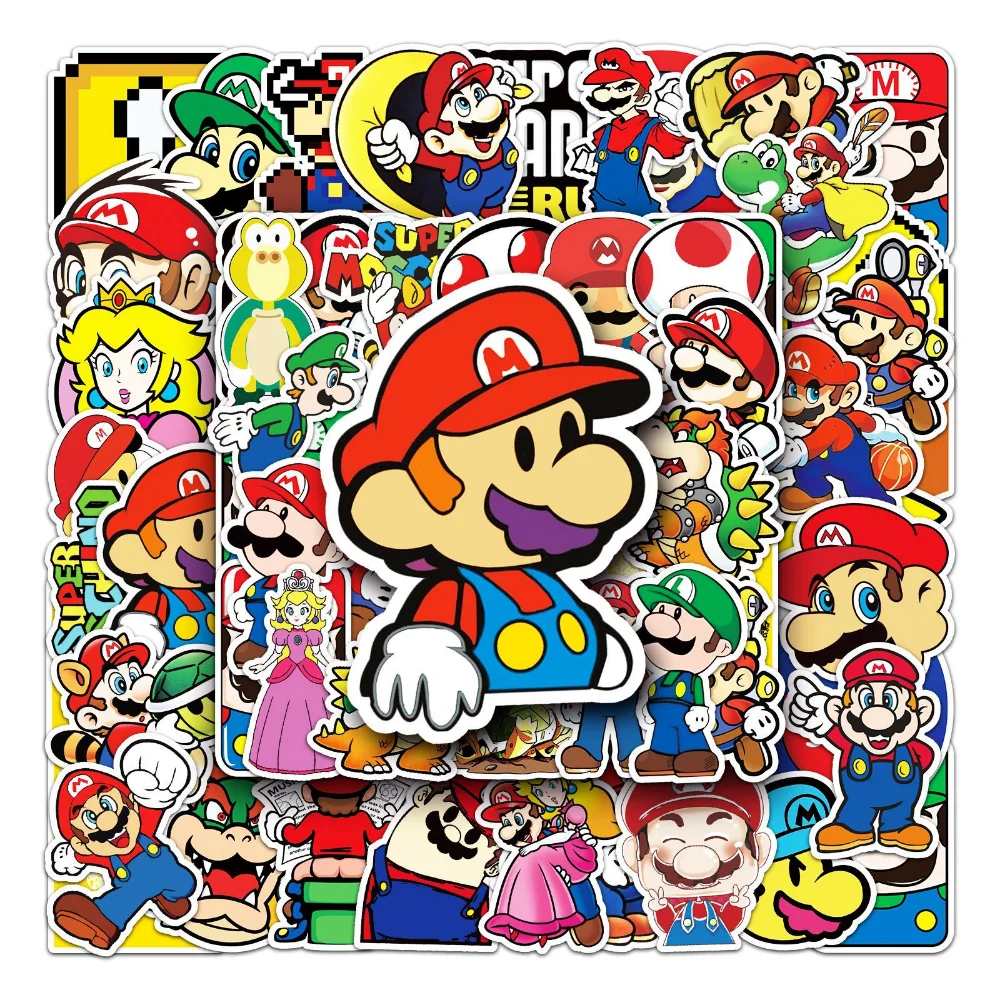 

53pcs Super Mario Bros Stickesr Mario Luigi Anime Figures Toys Suitcase Skateboard Car Waterproof Decorative Stickers Kids Gifts