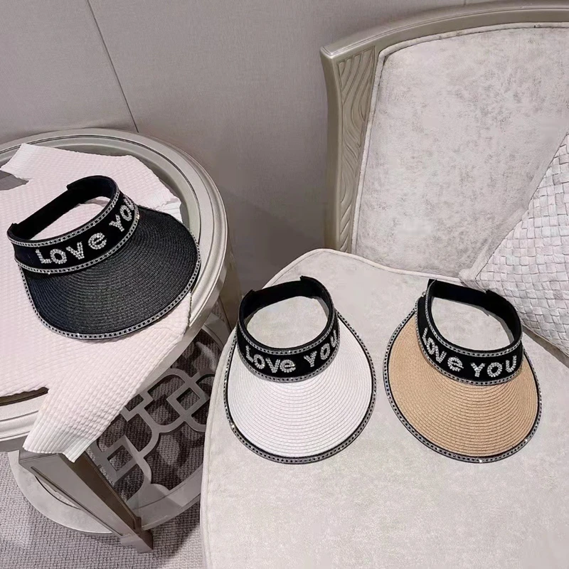 

Summer heavy diamond LOVE letters women's visors empty hat straw hat topi fashionable elegant temperament