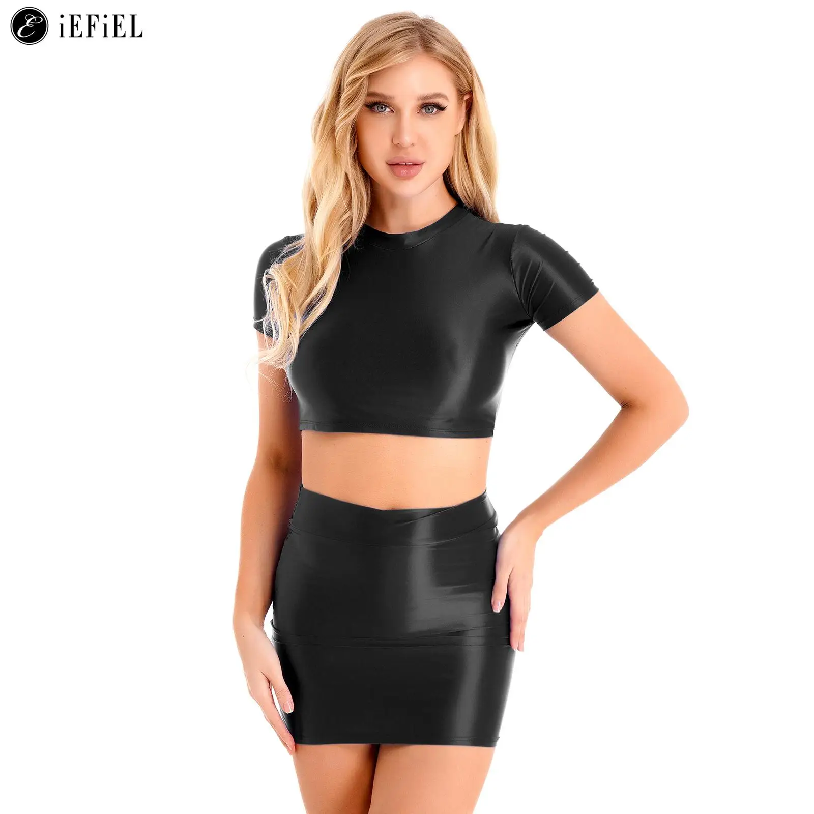 

Women's Shiny Glossy Short Sleeve Crop Top with Mini Pencil Skirt Night Club Party Rave Dance Performance Costume Clubwear