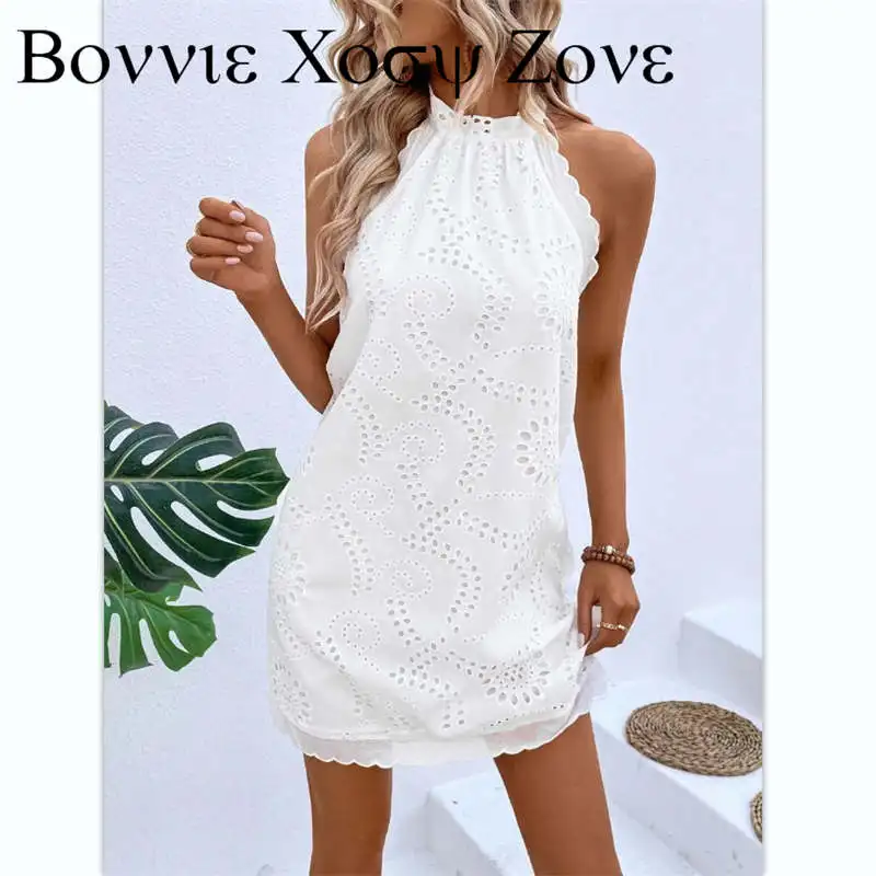 

Женское платье с круглым вырезом без рукавов, Повседневное платье с фестонами и вышивкой ушками, 2023