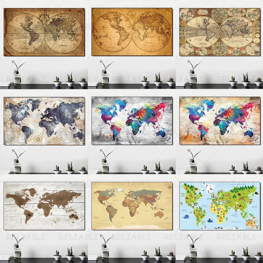 Картины на холсте с картой мира в стиле ретро без рамки