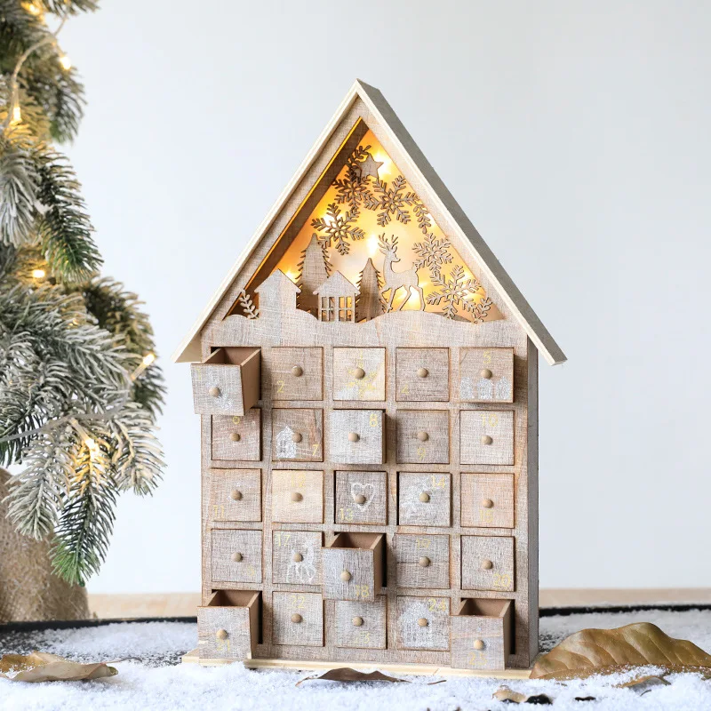 Christmas LED Lights Wooden Advent Calendar Battery Village House Santa Claus Countdown Ornament with Drawers Box New Year Gift