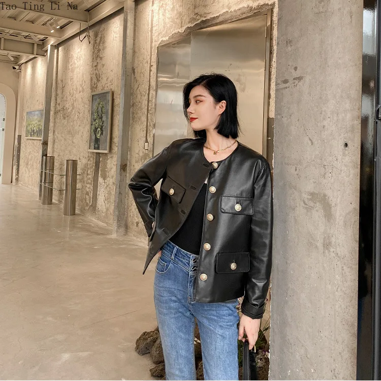 2022 New Top Layer Sheepskin Genuine Leather Jacket Women's Round Neck Fashion Slim Leather Jacket S11