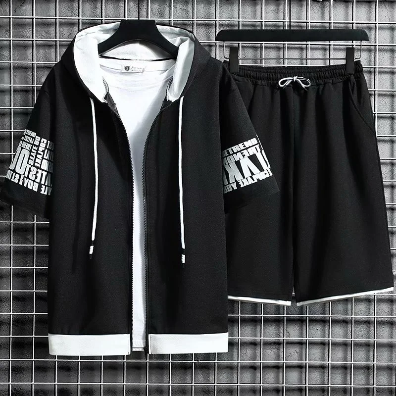 

Zipper Hombre Hooded Hip Hop Printed T-shirts Shorts Sets Men Summer Tracksuit Streetwear 2022 New Men's Casual Sets Sweatsuit