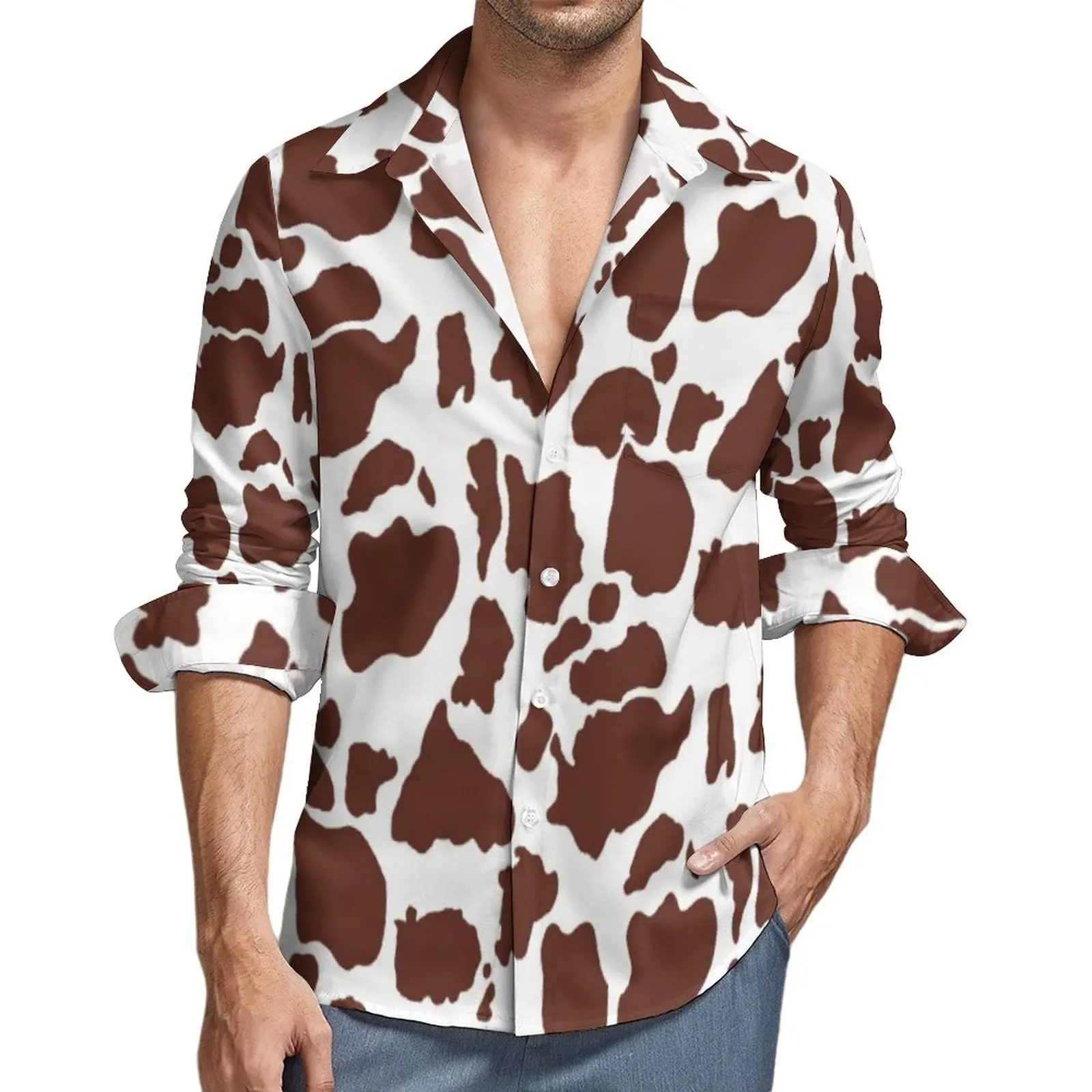 

Brown White Cow Print Y2K Casual Shirt Men Animal Shirt Autumn Cool Blouses Long Sleeve Design Oversized Top