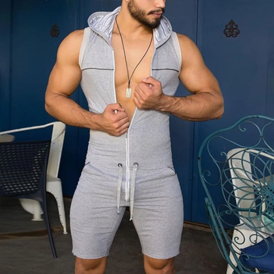 New 2023Men´s One Piece Tight Fitness Jumpsuit Zipper Sleeveless Hooded Rompers with Pockets Male Fashion Rompers Pajamas Sets