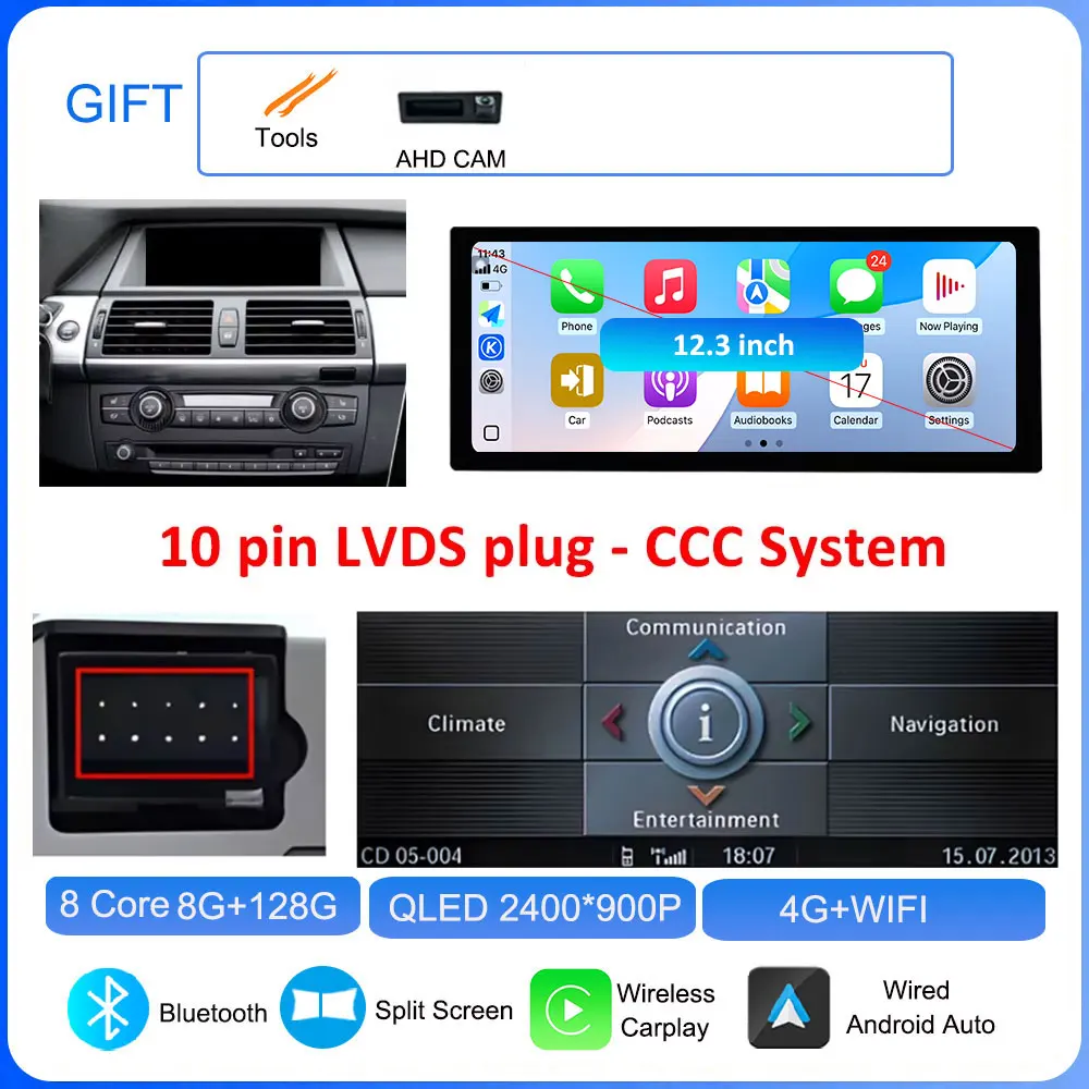 

12,3 "для BMW X5 E70 X6 E71 2008 2009 2010-2013 CCC/CIC Android 15 System 4G BT Carplay Автомобильный радиоприемник Видеоплеер GPS Navi WiFi
