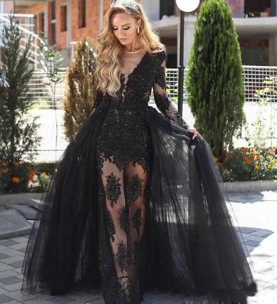 

2023 Black Evening Fomal Dress Long Sleeves Tulle Lace Appliques Beads See Through Overskirt Prom Party Gowns Vestidos De Fieast