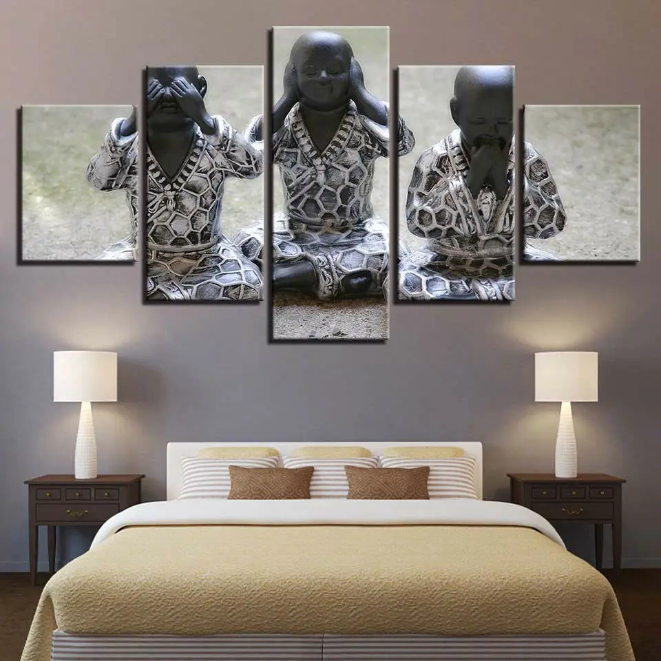 Три детских буддистских тибетских статуи 5 панелей печатная Настенная картина