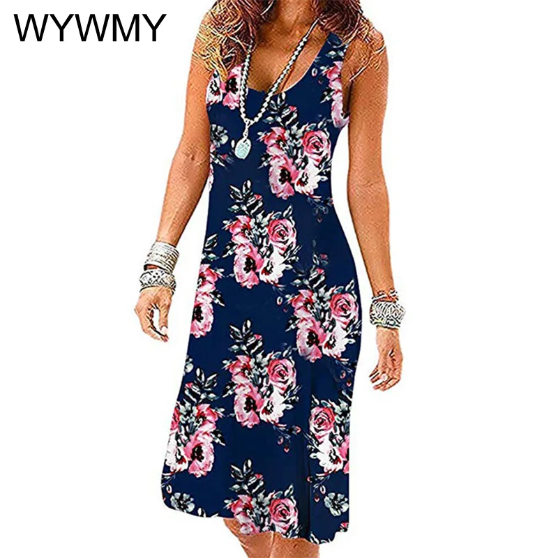 

WYWMY Summer Women Vest Dress Sleeveless Round Neck Holiday Party Dress Casual Plus Size Beach Dress Female Loose T-shirt Dress