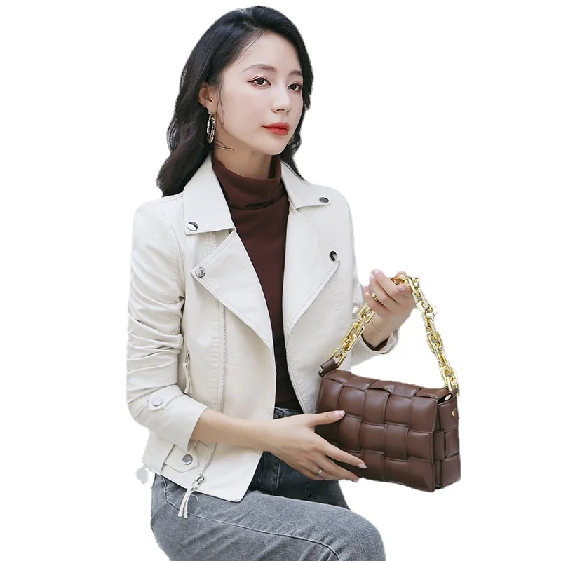 2022 Autumn Women's PU Motorcycle Leather Women's Short Korean Slim Fit Coat Skinny Leather Jacket Beige White Leather Top