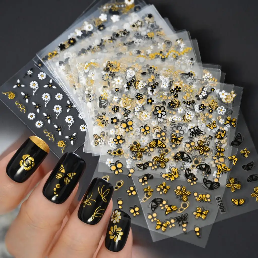 

30pcs/set Bronzing Gold Butterfly Nail Art Stickers 5D Flowder Nail Decals 6.5*5.5cm Self Adhesive Nail Sliders for Nail Decorat