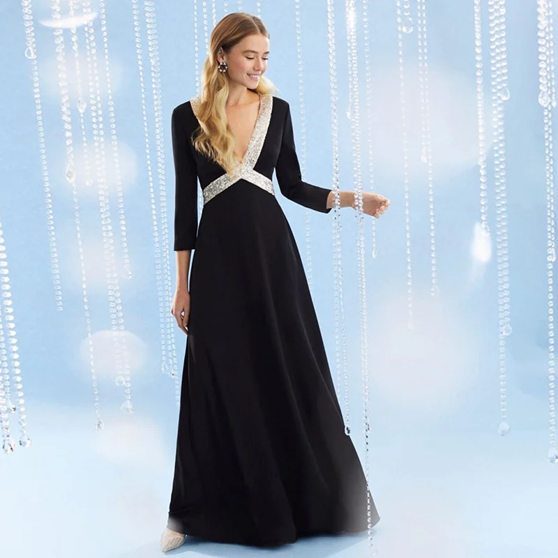 

Mandylandy Women Elegant Sequins Patchwork Evening Dress Fashion Female Sexy Long Sleeve V Neck High Waist Corset Long Dress