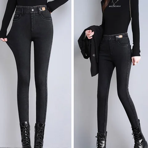   Fleece Jeans Thick Women High Waist Skinny Jeans Simple Fleece Warm Slim Fit Stretch Ladies Casual Denim Pencil Pants