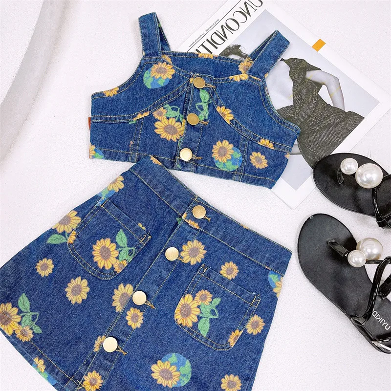 

Summer Fashion Denim Suit Toddler Girls Clothing Sets Girls Clothes Outfit Denim Vest + Denim Skirt Baby Girl Clothes Sets 2-7Y