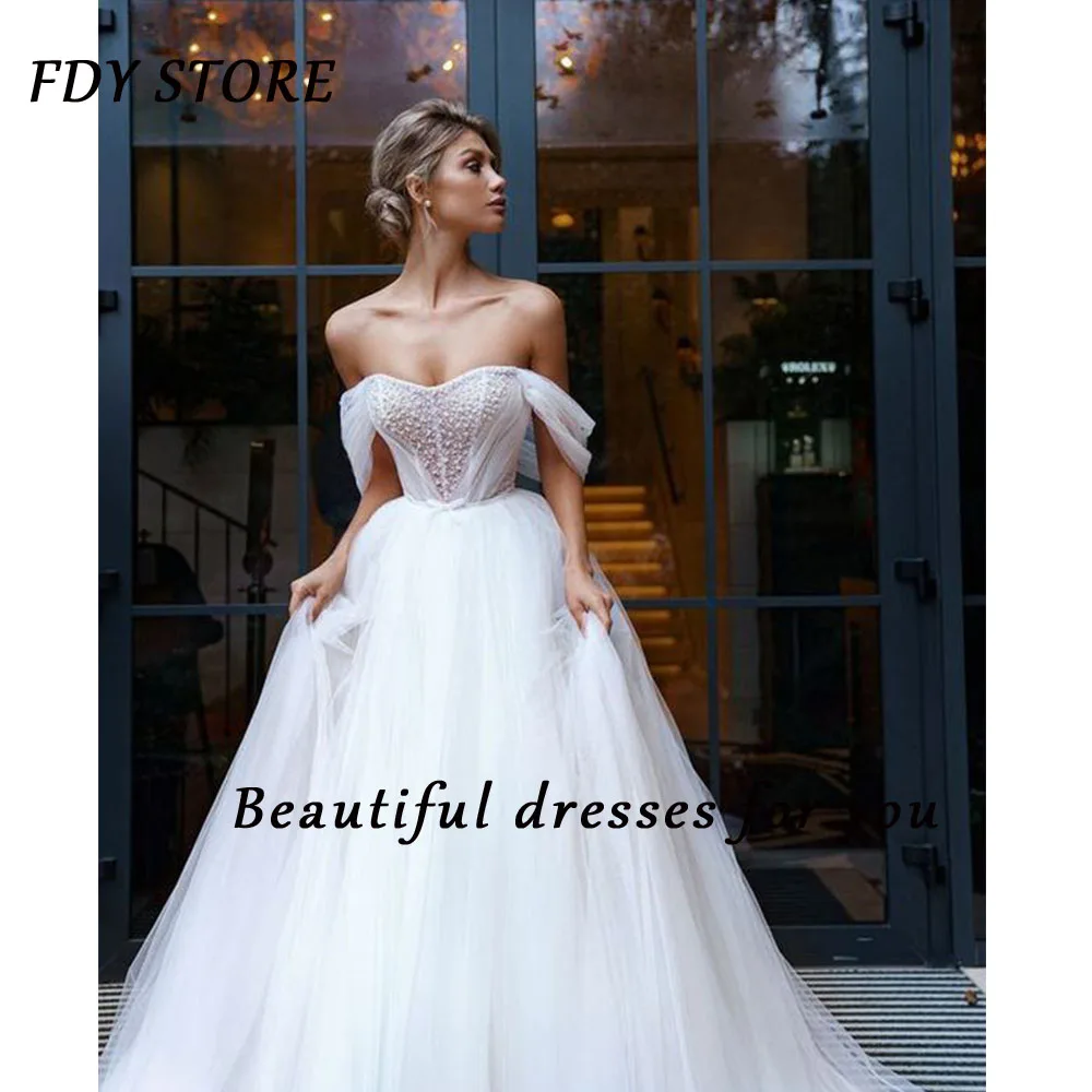 

FDY Store Off-The-Shoulder Court Train Sash Beaded A-line Simple Wedding Suitable Dresses On Request Bespoke Occasion