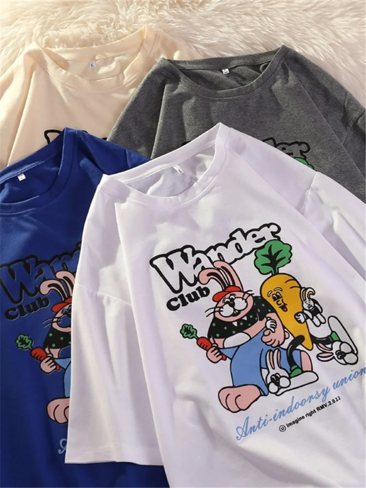 

H.SA Summer Woman 2022 Cotton Cartoon Printing Loose T-shirt New Female Short-sleeve O-neck Retro Chic Sweet Shirts Hiphop Top