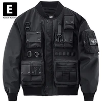 black bomber jacket men streetwear jackets with compass multiple pockets cargo jackets coat male punk techwear high quality