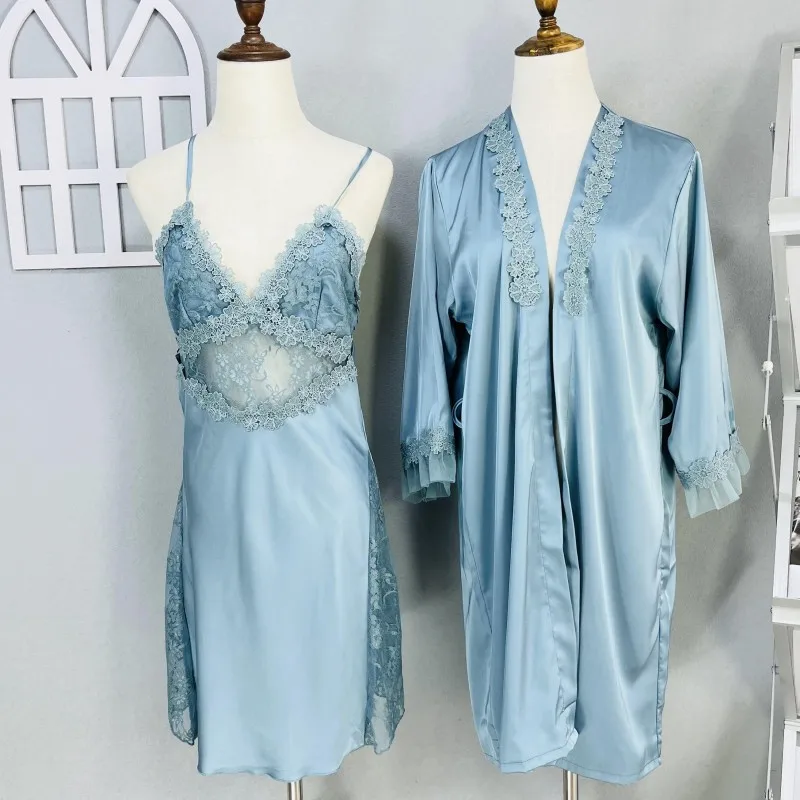 

Lace Edge Solid Color Women Robe Sleep Suit Gown Sexy Home Clothing Ice Silk V Neck Sleepwear Night Dress Loose Homedress