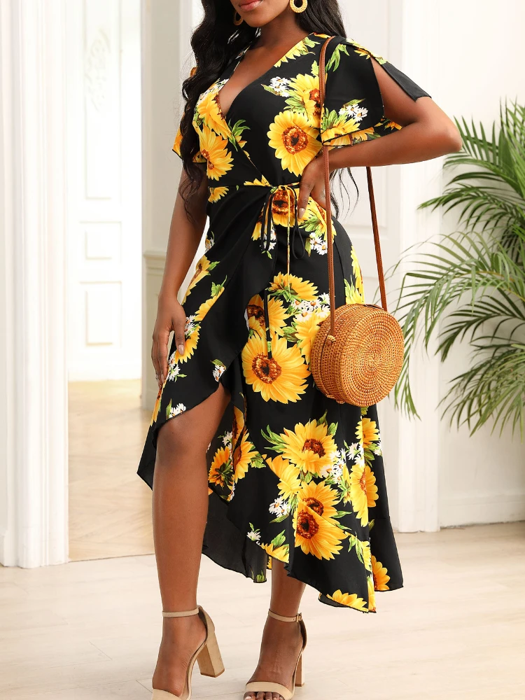 

Sexy Fashion Digital Printing Dress Women Short Sleeve V Neck Robe Summer Spring Ruffle Short Sleeve Floral Print Vestido New In