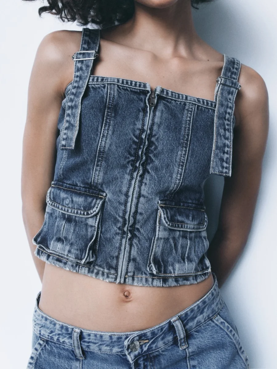 

Укороченный джинсовый топ для женщин, пикантный облегающий жилет без рукавов, с регулируемой пряжкой, с карманами, с открытой спиной, винтажная Повседневная Уличная одежда, на лето