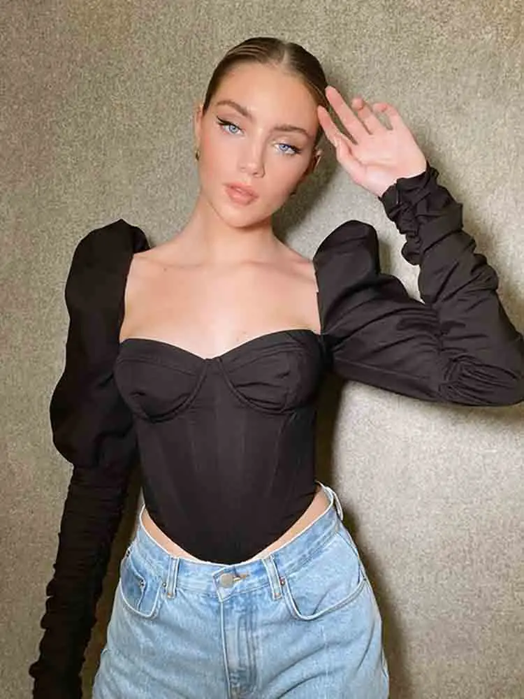 

Elegant Romantic Irregular Croped Corset Top Women Stylish Puff Sleeve Vacation Crop Top Skinny Casual Streetwear Female