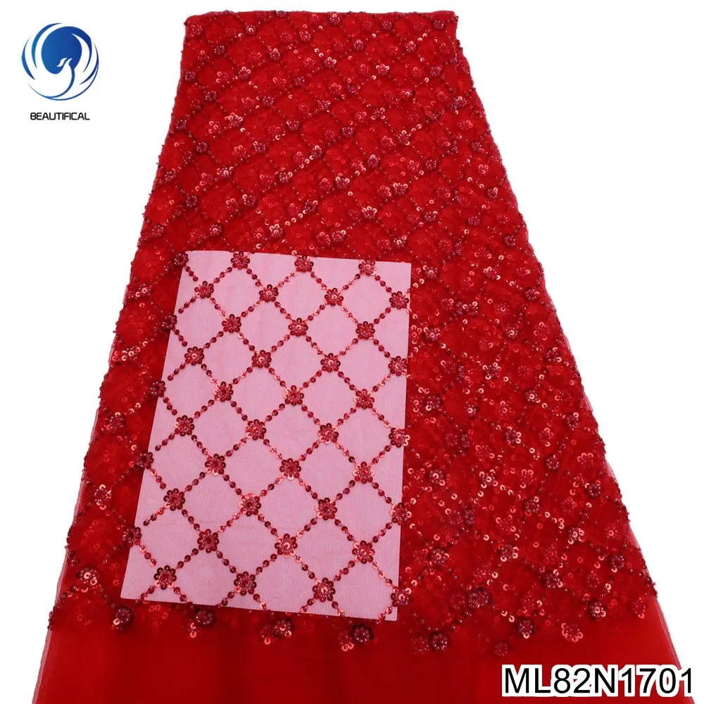 

Beaded African Lace Fabric High Quality Red French Lace Nigerian Party Dress 5 Yards Blue Sequin Lace Fabric ML82N17
