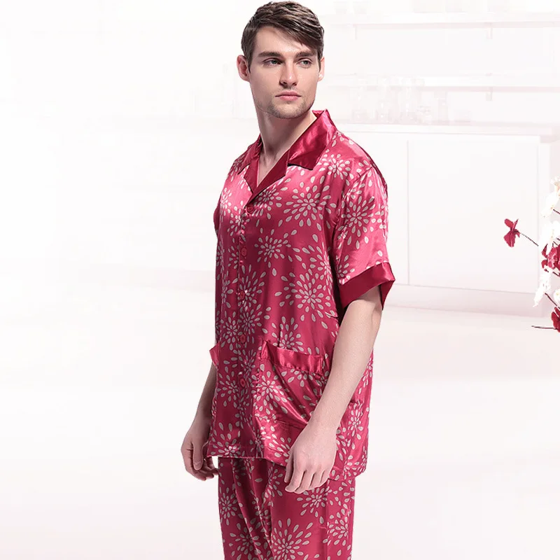 Short Sleeves Satin Pajamas Raindrops Printed Silk Pajamas for Men Silk Pyjama Set Men Sleepwear Home Suit Dropshipping