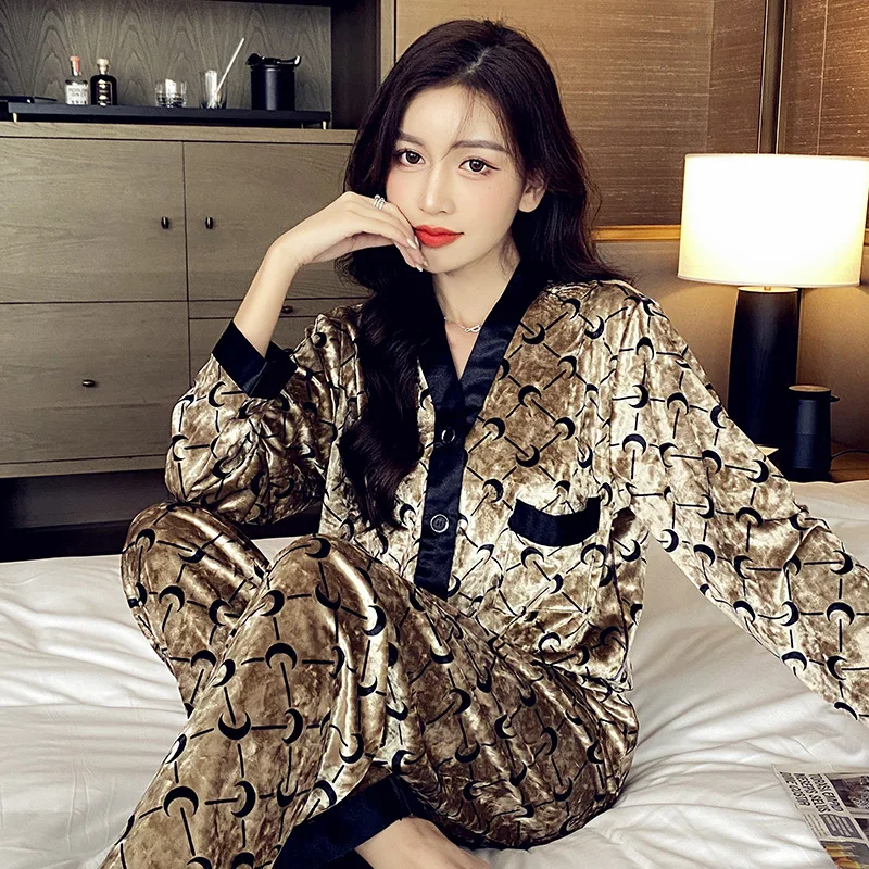 High quality lovers pajamas lady's suit velvet pajamas moon printed leisure household to take men's luxury