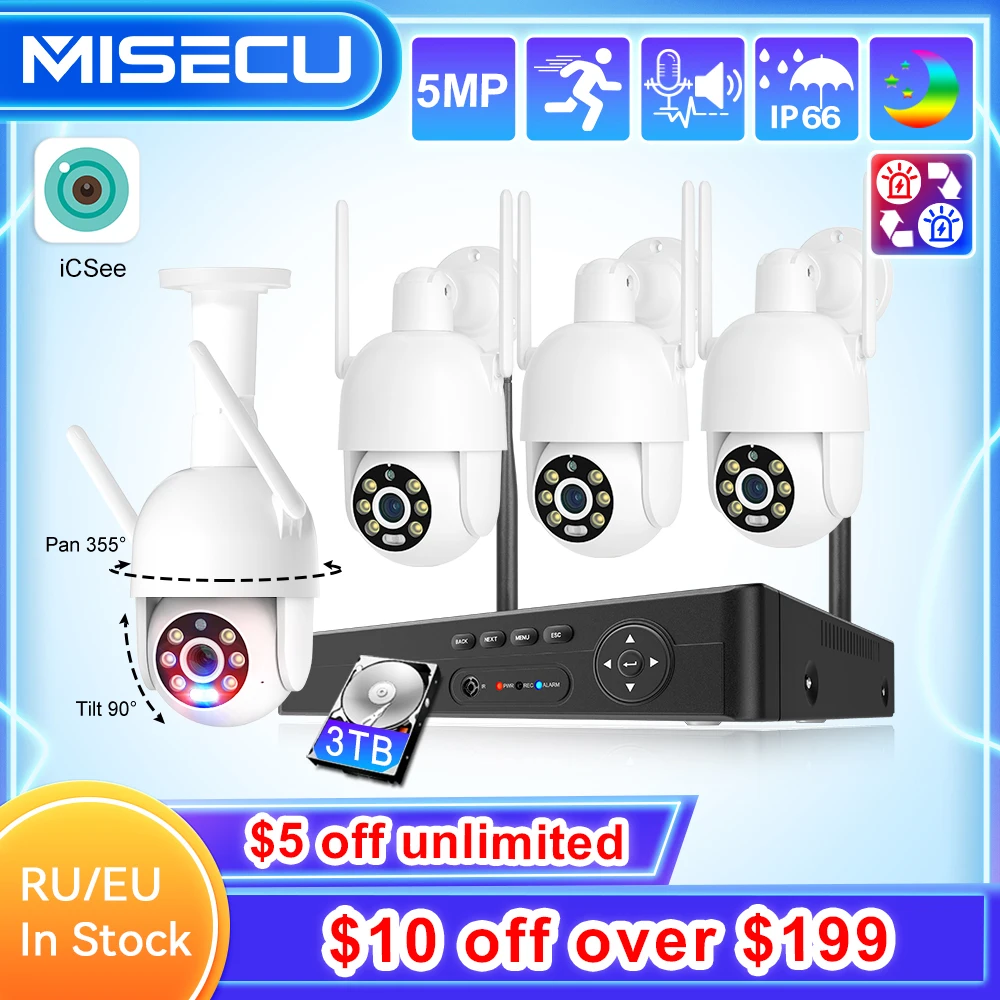 MISECU PTZ 8CH 5MP Wireless CCTV System Kit NVR wifi Outdoor AI IP Two-Way Audio Camera Security System Video Surveillance Xmeye