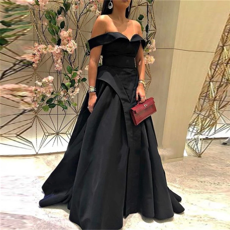 

A Line Sweetheart Off The Shoulder Taffeta Custom Made Black Evening Dresses