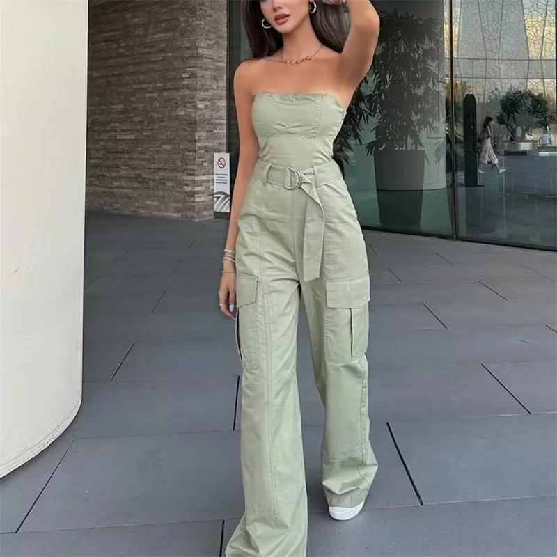 

Модный Зеленый Облегающий комбинезон без бретелек для девочек, лето 2023, женские комбинезоны с высокой талией, женские повседневные однотонные комбинезоны