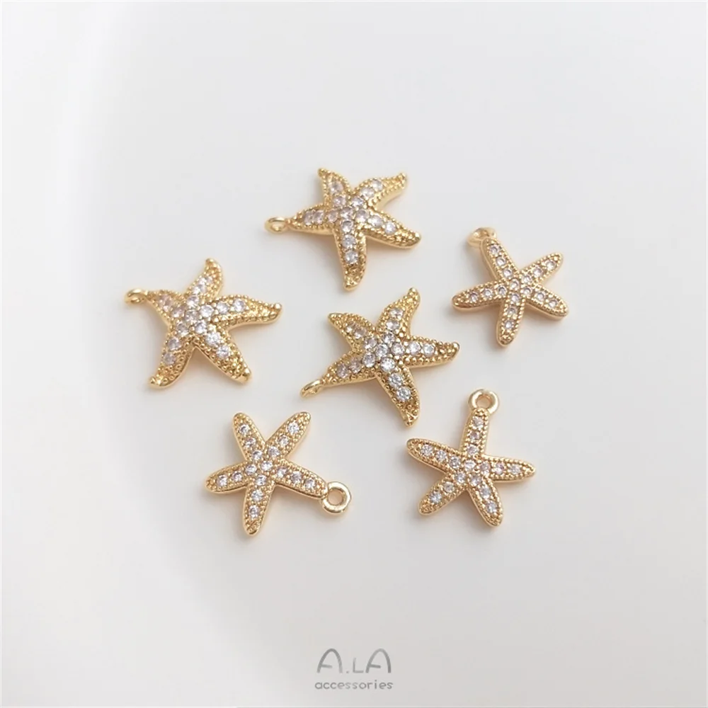 Купи 14K package real gold micro-set zirconia starfish pendant diy fat big star necklace collarbone chain bracelet charm за 56 рублей в магазине AliExpress