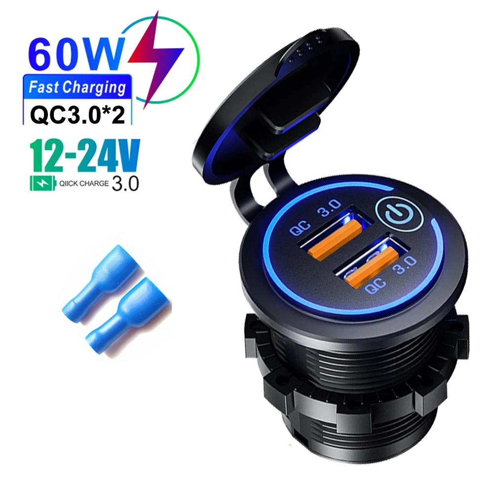 

Автомобильное зарядное устройство QC3.0 с двумя USB-портами, прикуриватель, водонепроницаемый с сенсорным выключателем, адаптер быстрой зарядки 12/24 в, автомобильные аксессуары