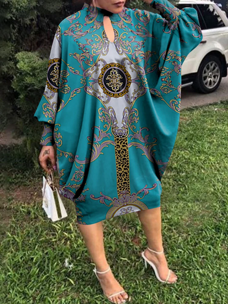 

Kaftan Robe Oversize Loose dashiki african Dress 2022 Women Long Sleeve O Neck Floral Print Dresses Casual clothes for ladies
