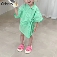 criscky girls dress summer new green turn down collar ruched bow casual shirt dress kids clothes girls clothing for girls 2022