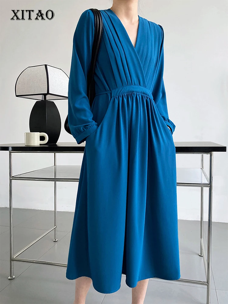 

XITAO Solid Pleated Dress Women Korea 2022 Summer New Arrival Personality Fashion Loose V-neck Full Sleeve Dress WMD6494