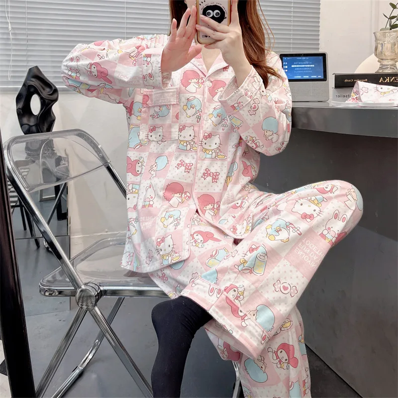

Kawaii Sanrio Hello Kitty My Melody Cartoon Women's Pajamas Spring Autumn Japanese Style Ins Pure Cotton Long-Sleeved Cardigan