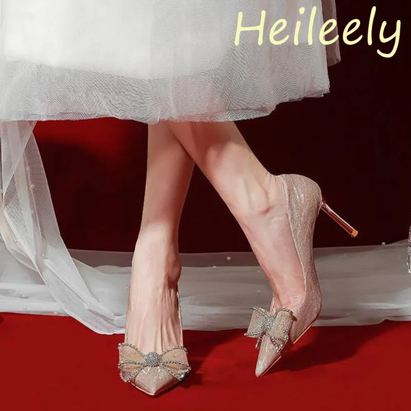 

8cm Fashion New High Heels with Rhinestone Bow Pointed Toe Sequins Pumps Wedding Bride Shoes for Women 41 42 43