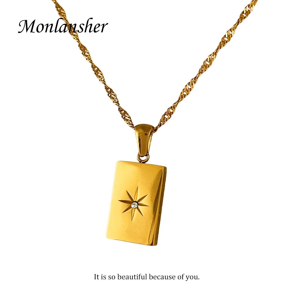 

Monlansher Gold Color Zircon North Star Square Card Pendant Necklace Minimalist Stainless Steel Necklaces Jewelry for Women Gift