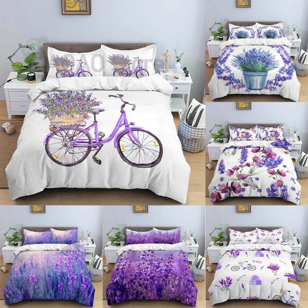

3D Lavender Bedding Set Flower Bicycle Duvet Cover Quilt Cover With Zipper Queen Double Comforter Sets Best Gifts No Bed Sheet