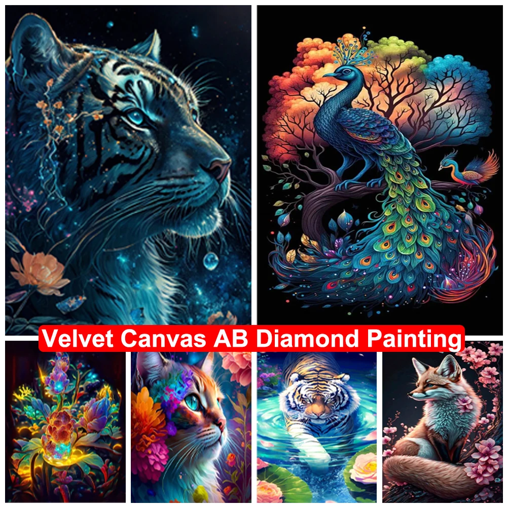 

Velvet Canvas AB Diamond Painting Tiger Fox Peacock DIY 5D Diamond Mosaic Embroidery Animal Picture Cross Stitch Kits Home Decor